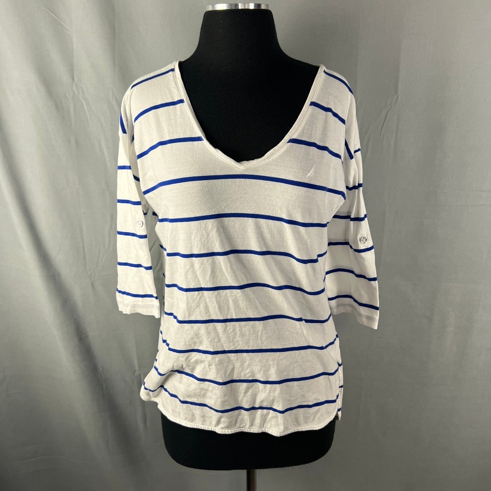 Nautica Shirt Womens Medium Beige Blue Striped Cotton High Low Hem V Neck Casual